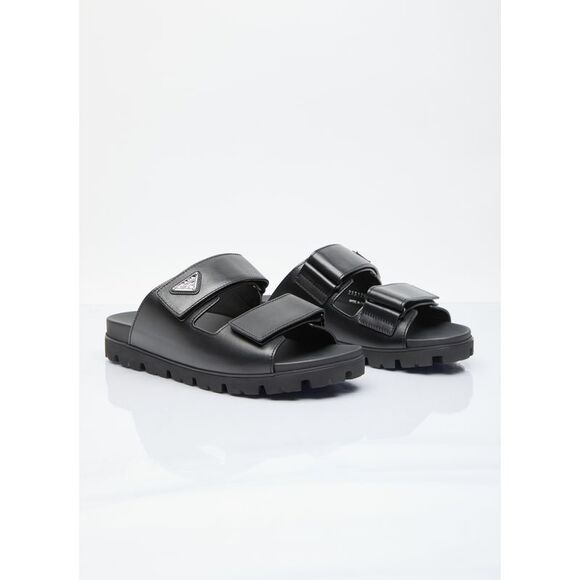 Prada Men Logo Plaque Leather Slides - Picture 3 of 7